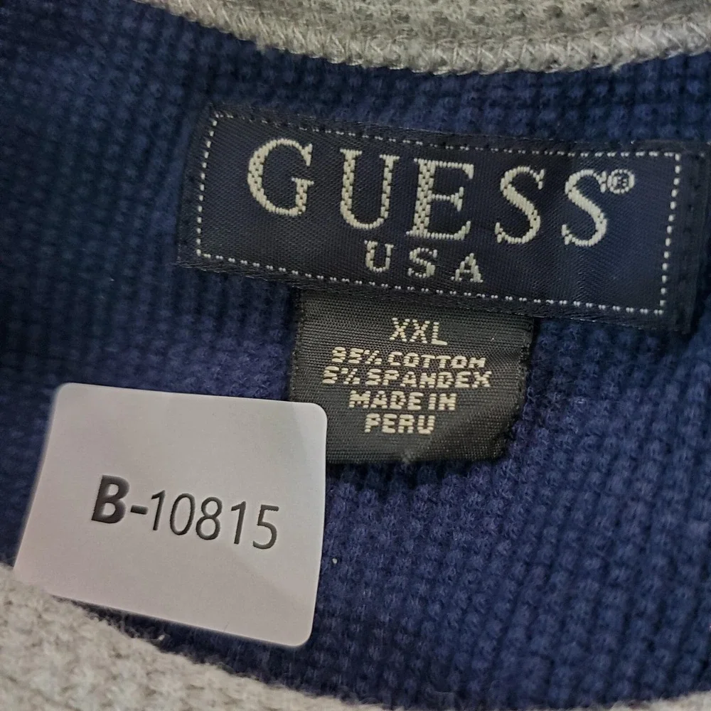 VINTAGE Guess Boys T-Shirt 2XL Blue Ringer Waffle Knit Logo Embroidered Peru 90s